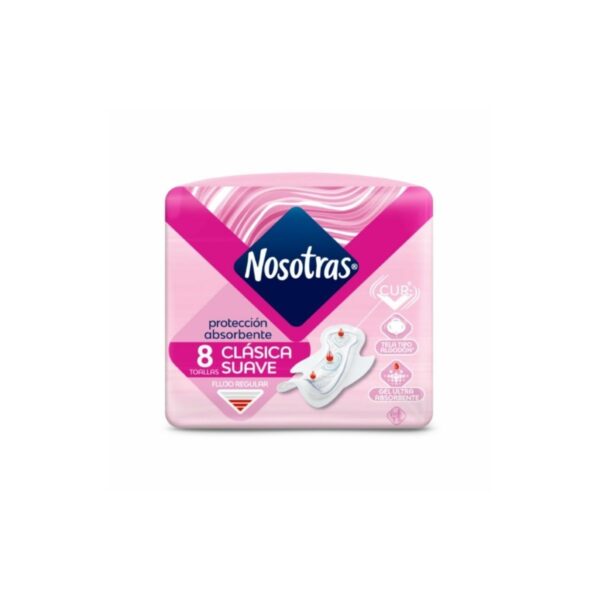 TOALLAS FEMENINAS CLÁSICA SUAVE PROTECCIÓN ABSORBENTE NOSOTRAS X8 UNIDADES